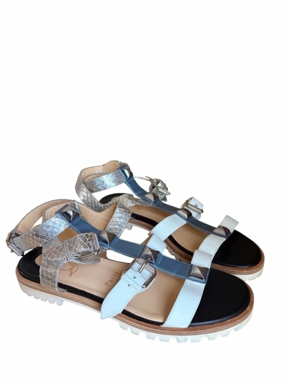Christian Louboutin Silver & White Gladiator Sandals with Pyramid Studs